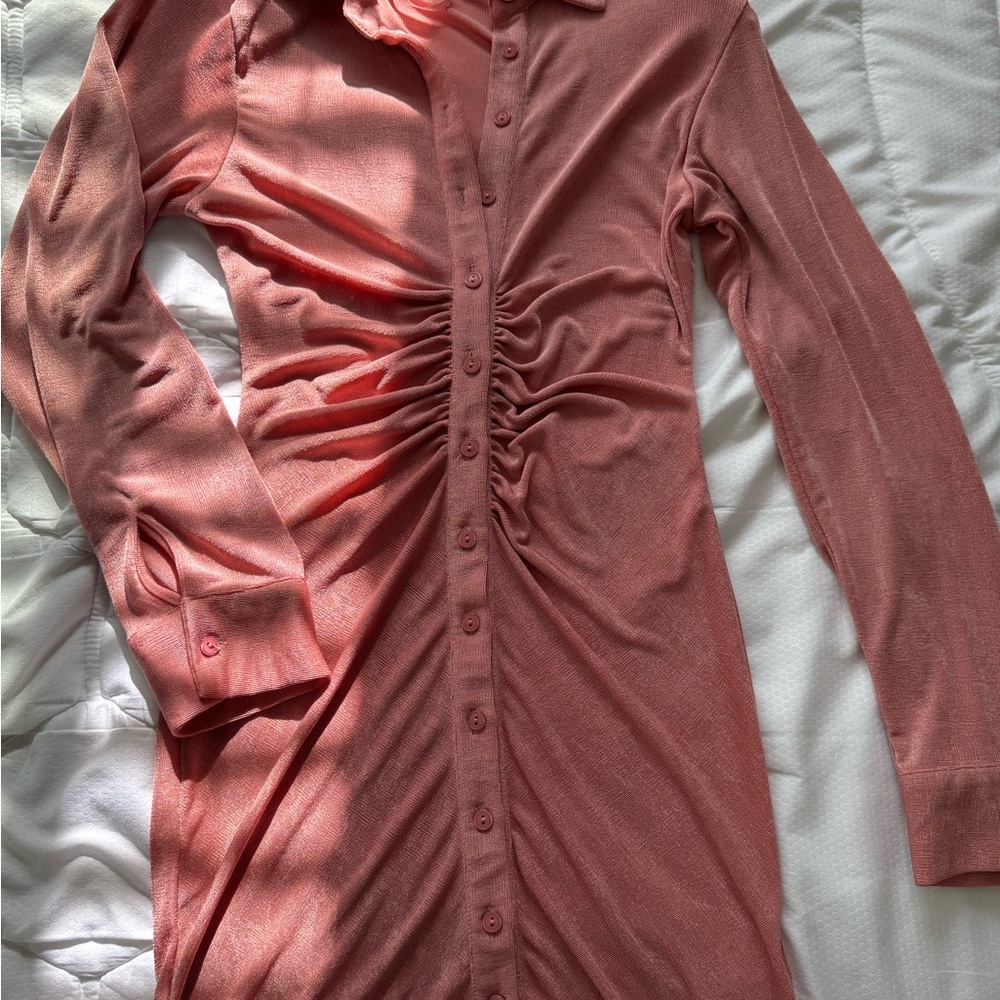 Boutique Pink Ruched Button-Up Dress